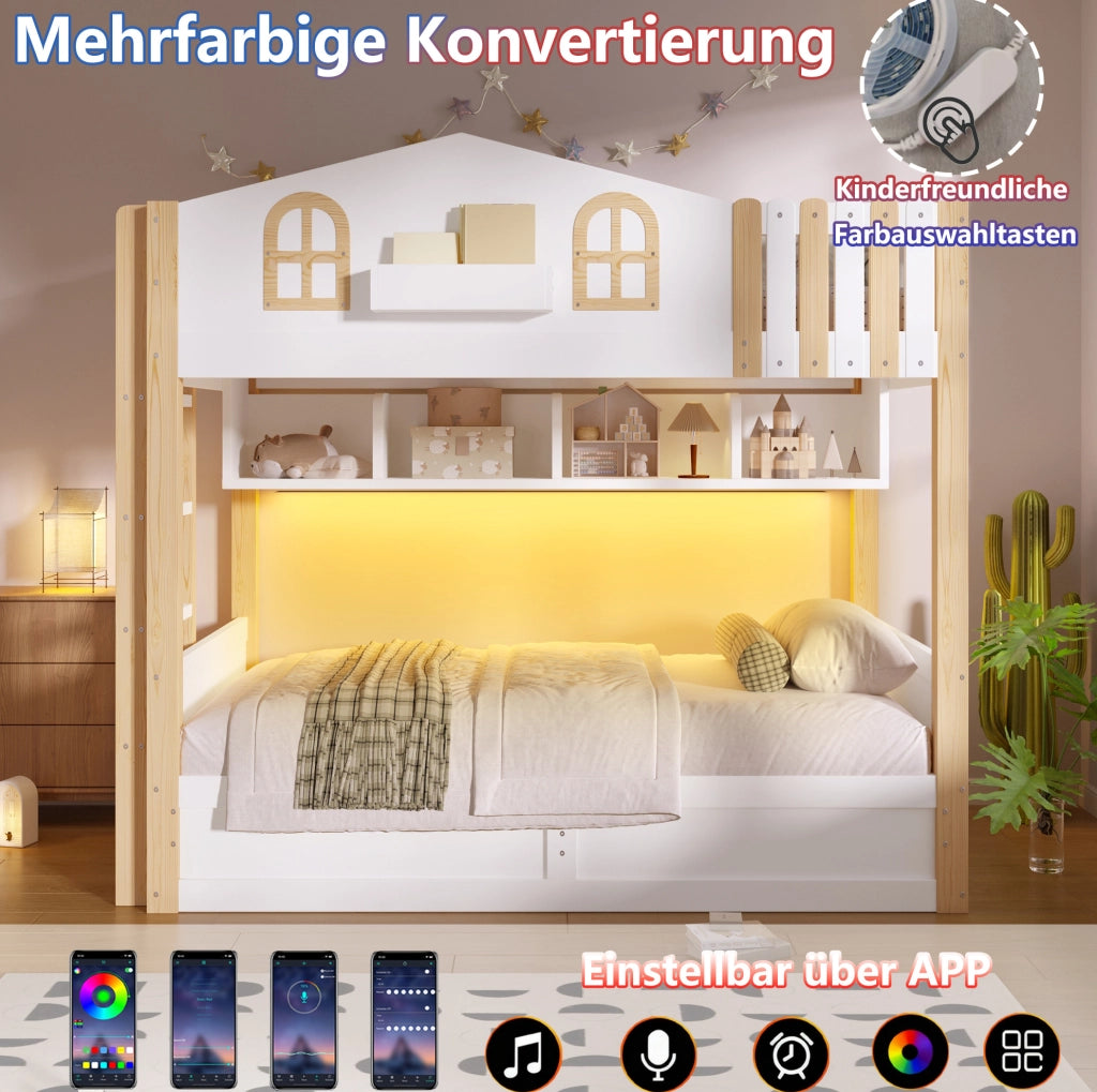 Letto a castello 90x200 cm stile casetta con contenitore idraulico; LED e scala reversibile