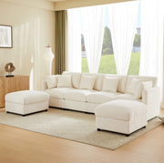 Divano modulare in ciniglia beige 4-6 posti con 2 pouf