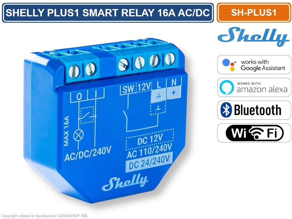 INTERRUTTORE SMART WI-FI SHELLY PLUS 1 CON CONTATTI A POTENZIALE LIBERO – CONTROLLO REMOTO VIA APP, ALEXA E GOOGLE HOME