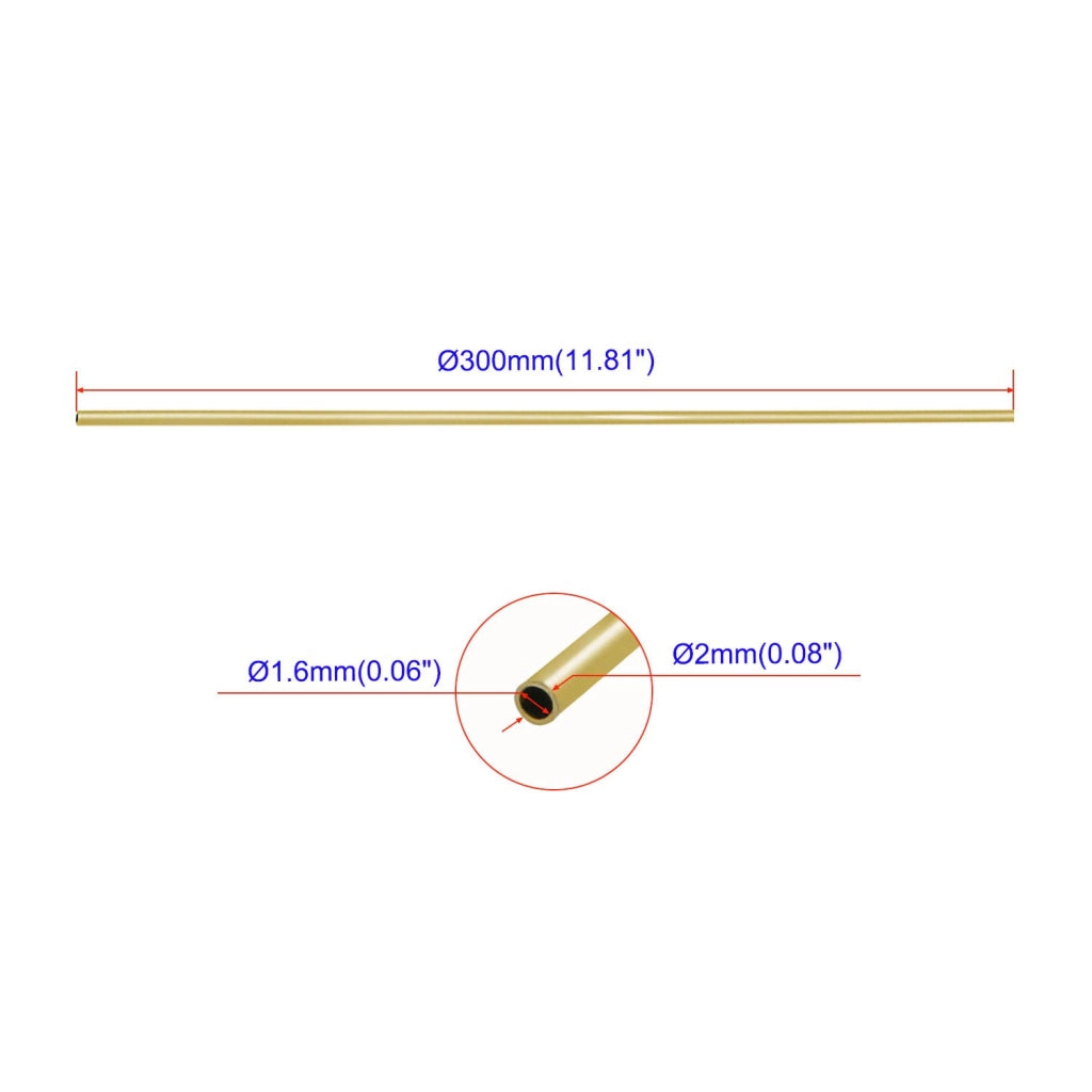 Tubo di ottone, sezione circolare, diametro interno 1,6 mm x spessore parete 2 mm, lunghezza 300 mm