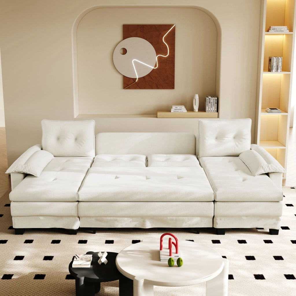 Divano letto modulare a U 278 cm in ciniglia beige con USB