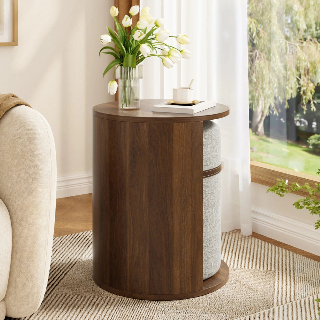 Set tavolino rotondo con pouf integrato 38x38x47;5 cm in MDF e pino; noce
