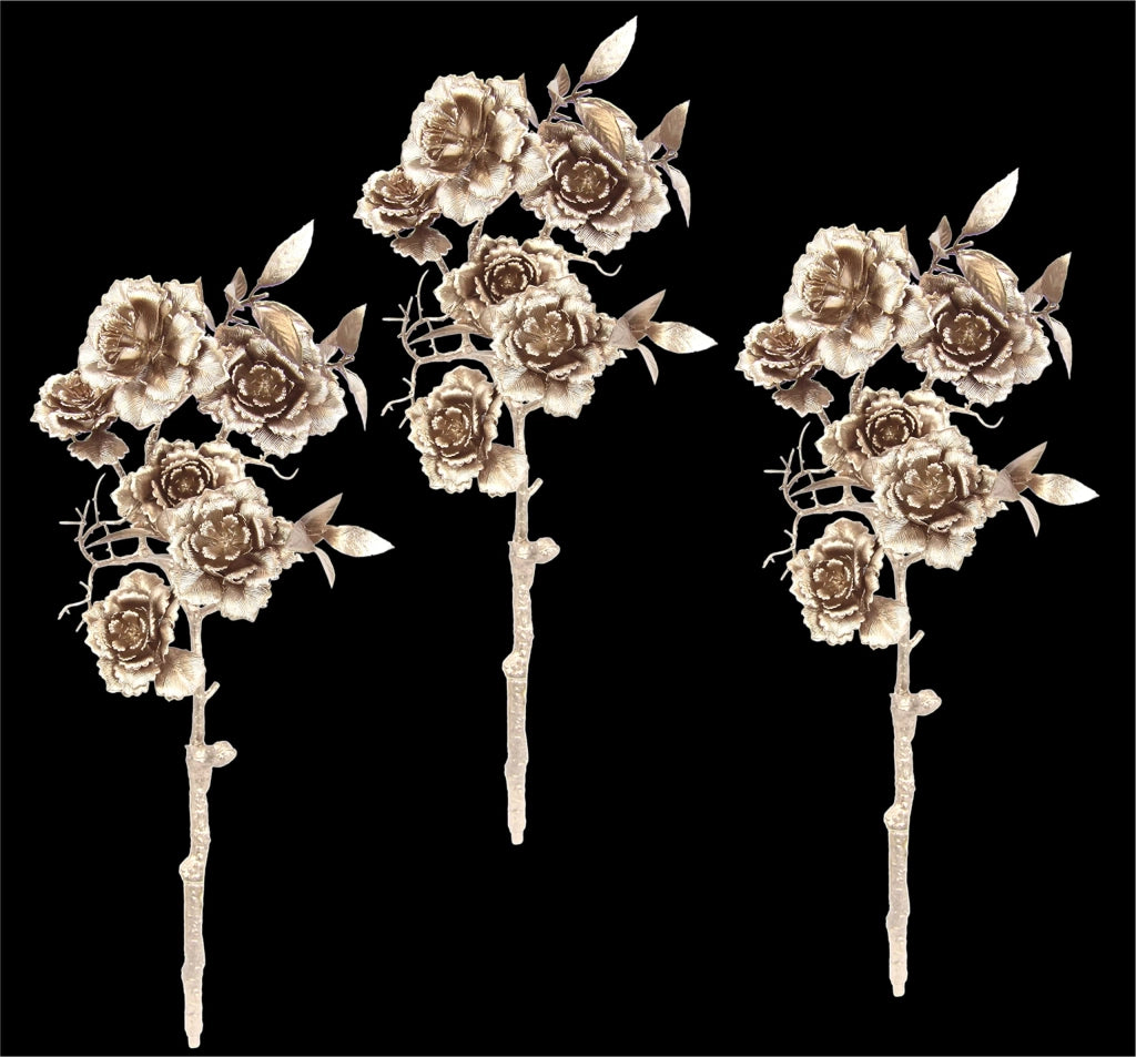 Set di 3 rose artificiali, rose di seta dorate, 6 fiori, poliestere, 54 cm