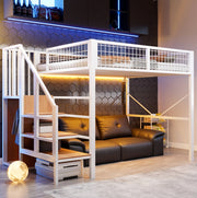 Letto a soppalco 140 x 200 cm bianco con scala contenitore e LED