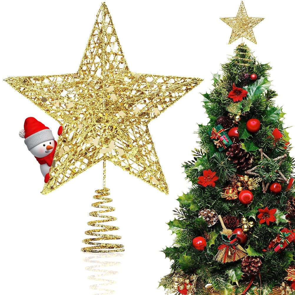 Stella per la cima dell'albero di Natale, dorata, con paillettes