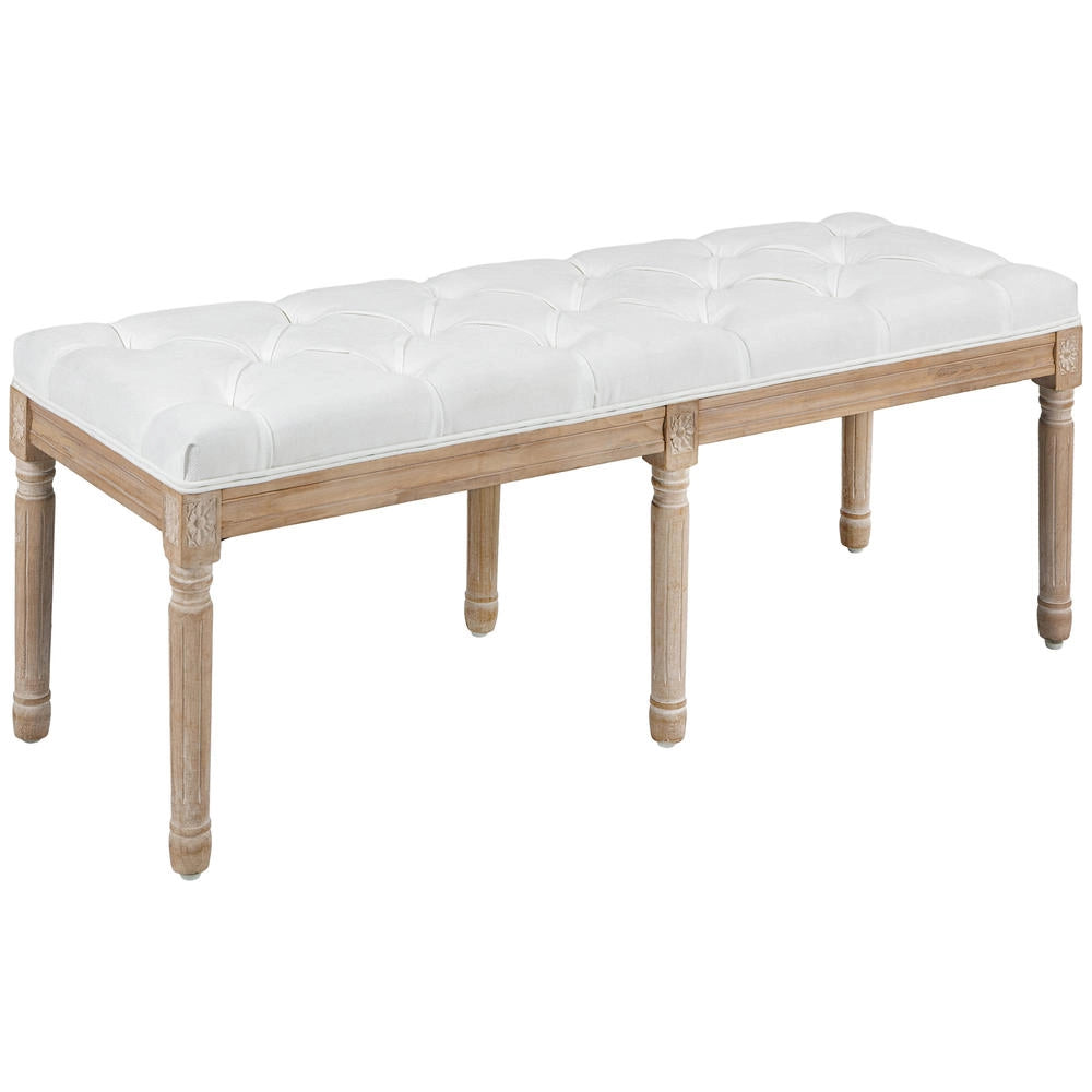 Panca Fondo Letto Imbottita Stile Vintage Francese Trapuntata Tessuto Effetto Lino Gambe in Legno Massello Crema per Ingresso