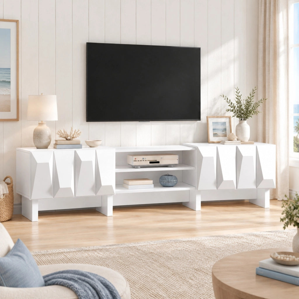 Mobile TV bianco 180 cm con 4 ante, vani aperti e passacavi