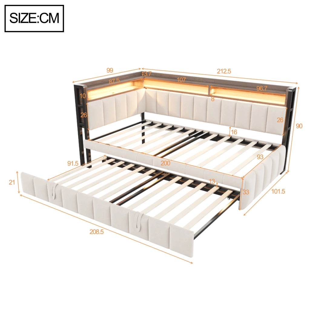 Divano letto estraibile 90x200 beige con LED, USB e Type-C