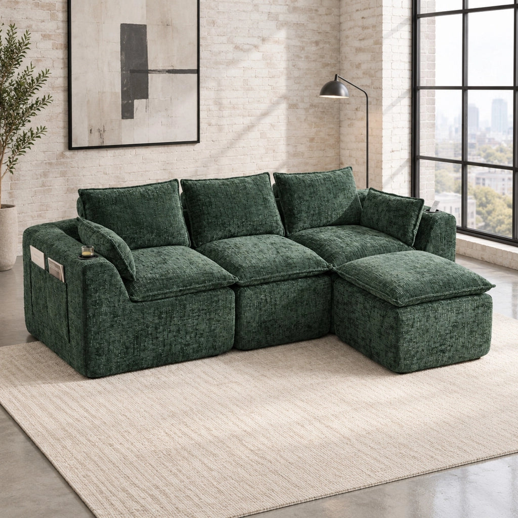 Divano modulare in ciniglia verde con pouf e cuscini