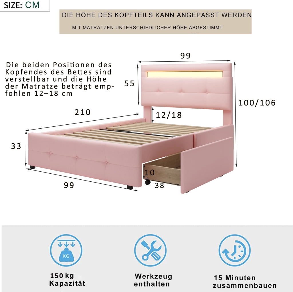 Letto contenitore per bambini 90x200 cm con testiera regolabile, rete a doghe e LED in tessuto rosa, per cameretta, senza materasso