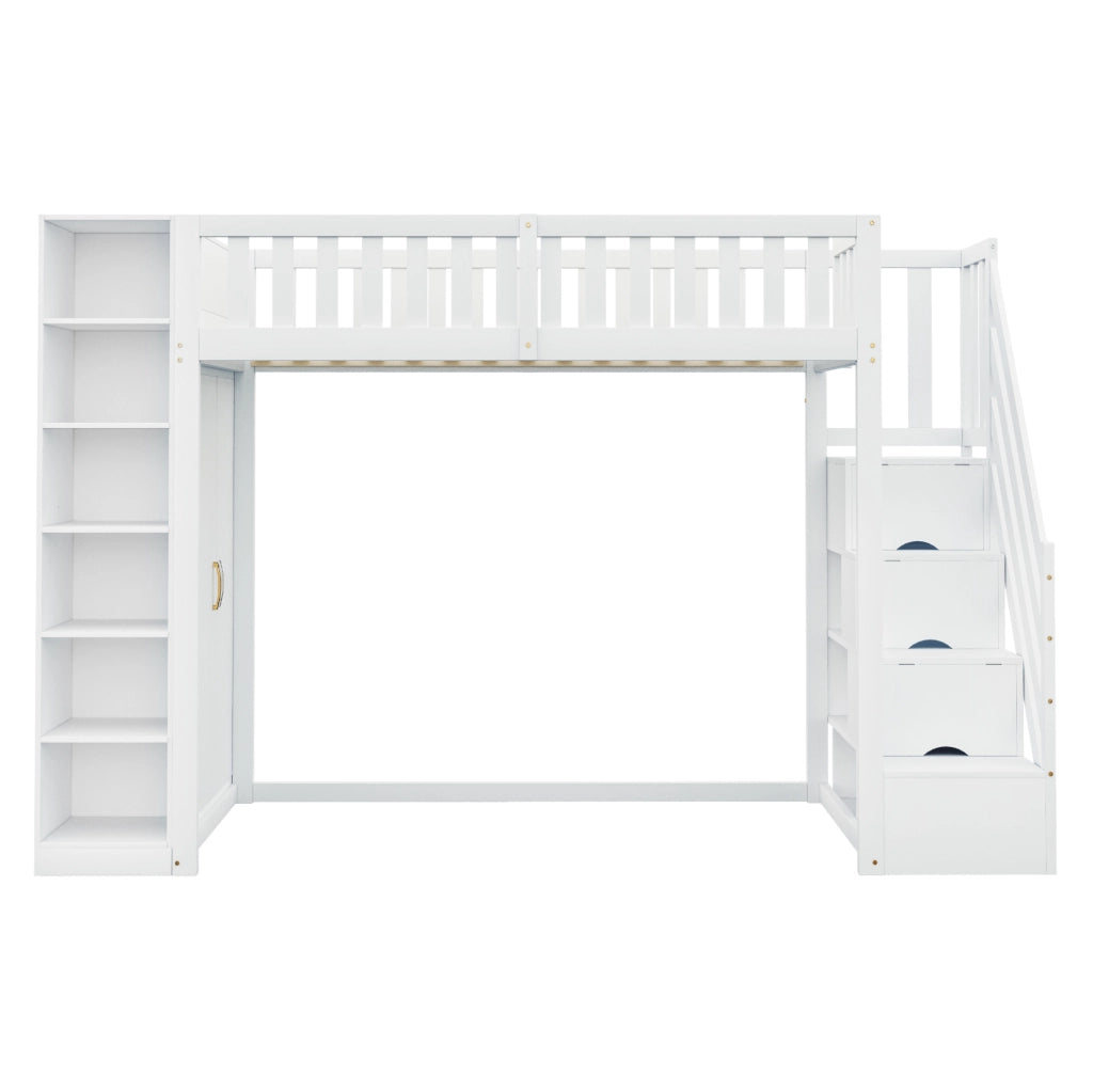 Letto a soppalco multifunzionale 90x200 cm con scala di sicurezza, armadio ampio e scaffali, bianco