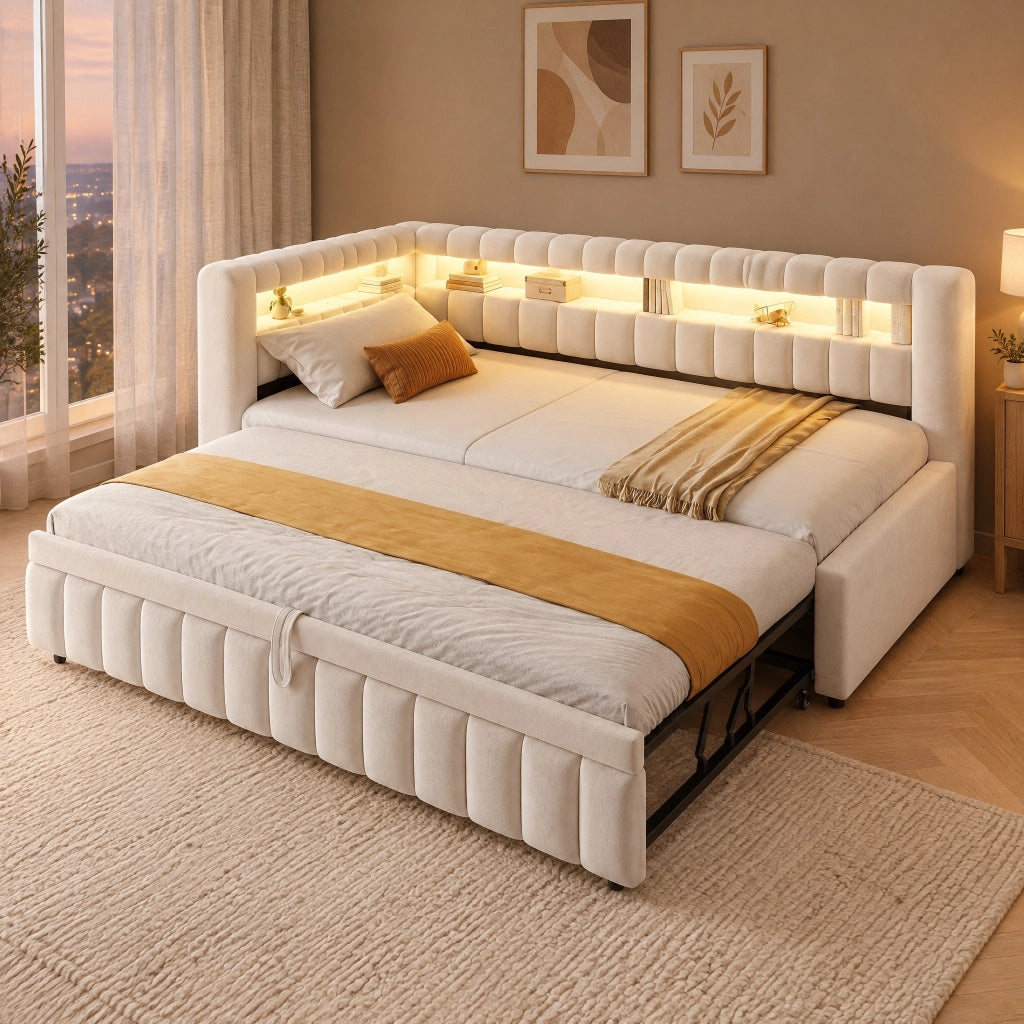 Divano letto estraibile 90x200 cm beige con LED, USB-C e 2 materassi