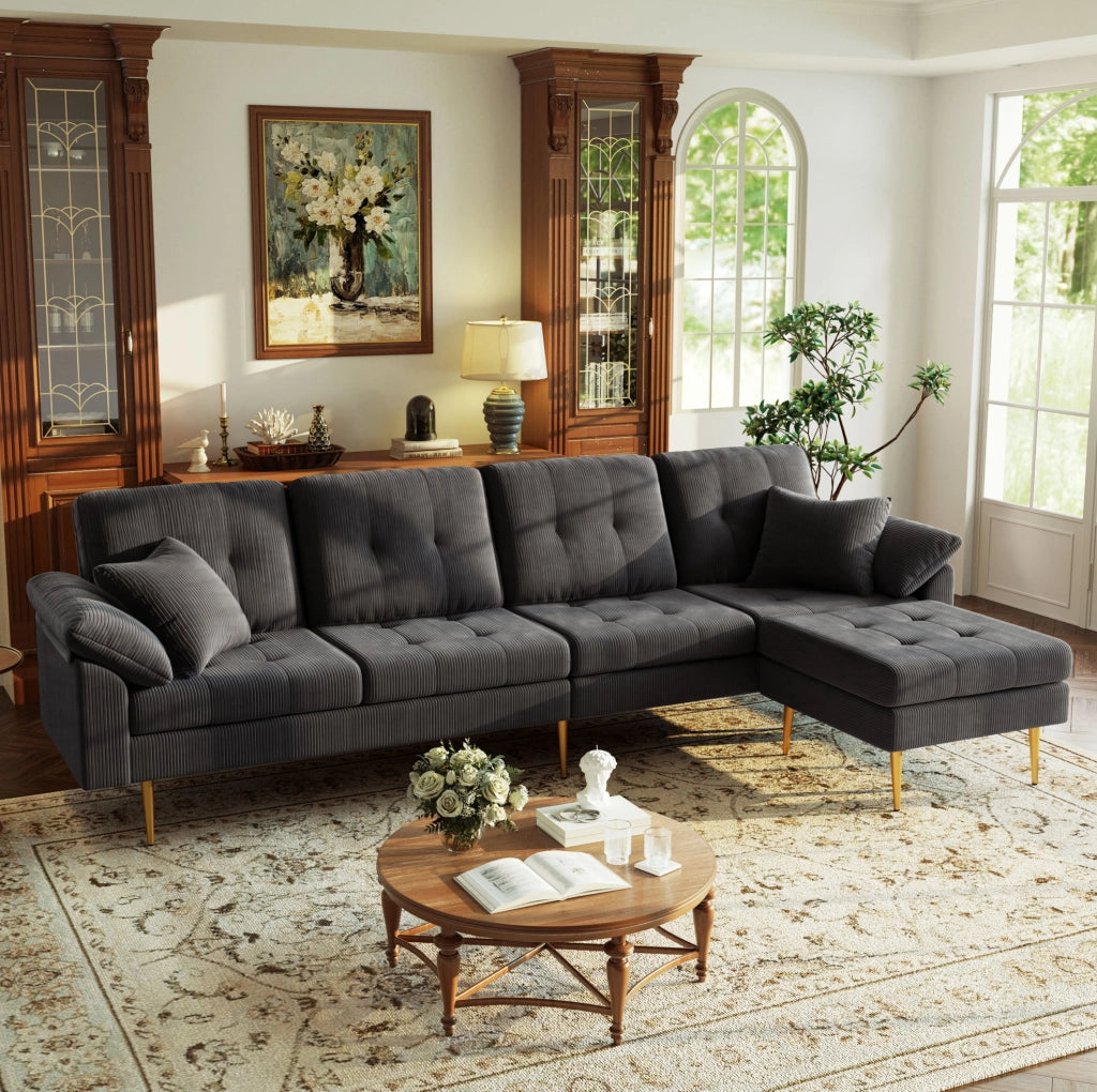 Divano 4 posti in velluto a coste grigio scuro con pouf, 250 cm