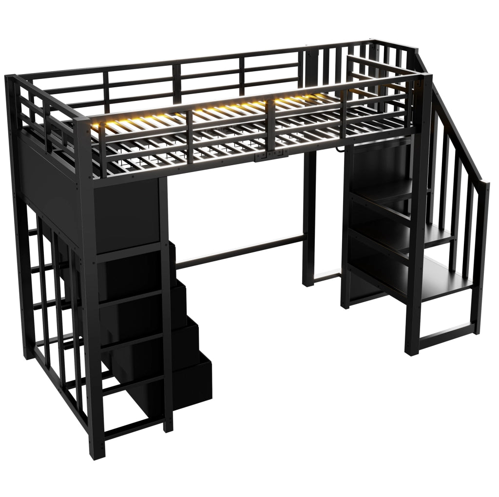 Letto a soppalco 90 x 200 cm nero con 8 cassetti, scala contenitore e illuminazione