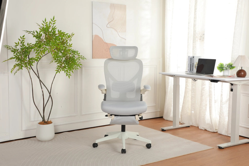 Sedia da ufficio pieghevole con poggiatesta 3D e supporto lombare regolabile; in rete e schiuma; 65x61x40;5 cm; grigia
