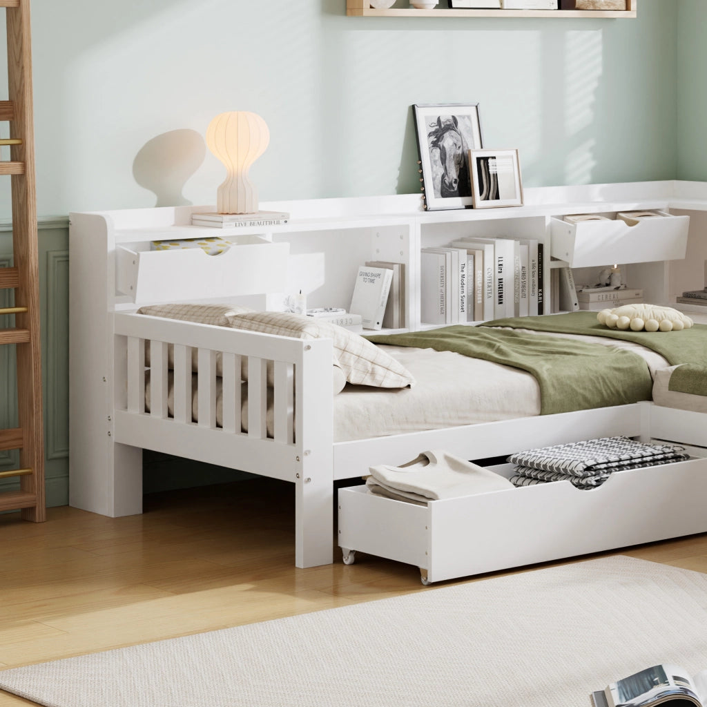 Letto per bambini a L 90x200 cm; 2 posti letto; contenitore; ripiani e 3 cassetti; in legno; bianco