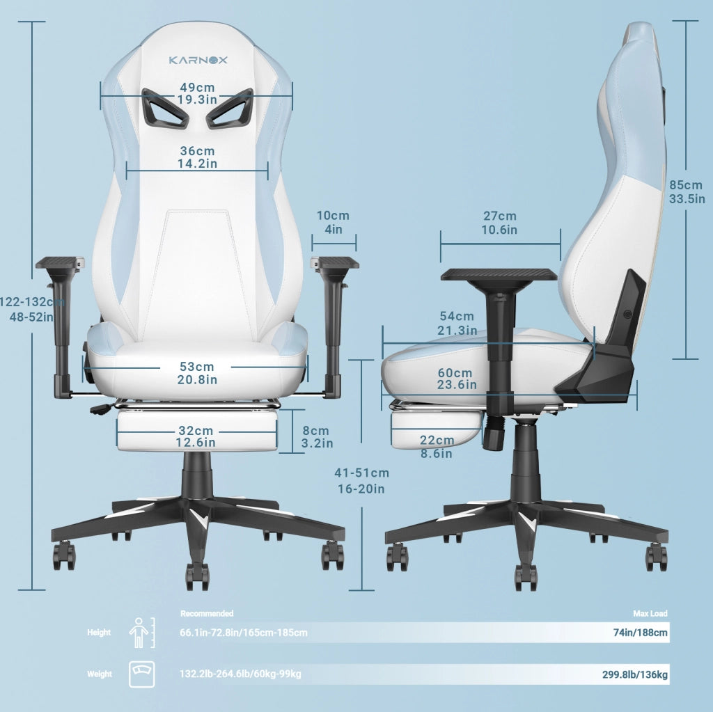 Sedia gaming ergonomica bianca e blu con schienale reclinabile e braccioli 4D