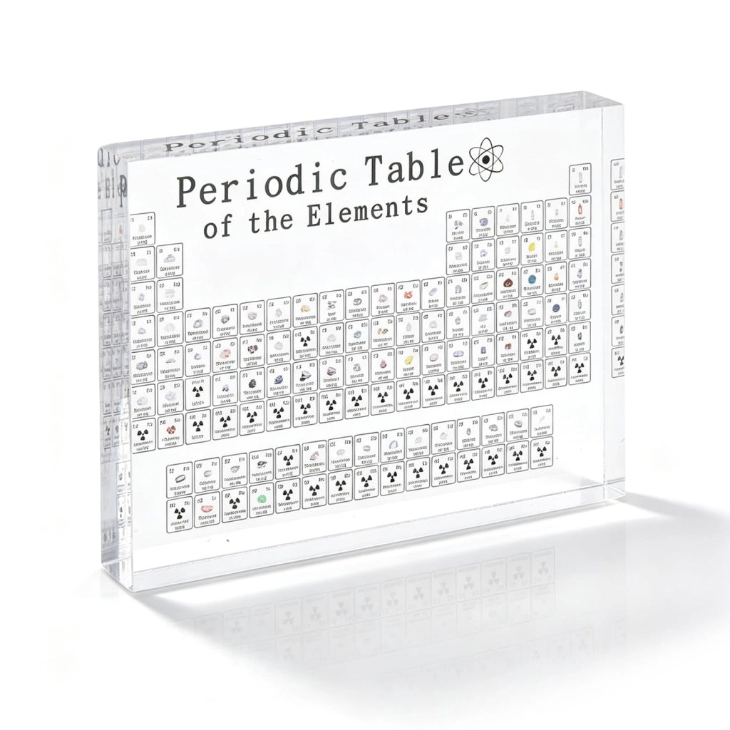 Tavola periodica degli elementi, realizzata con elementi reali, acrilico, 21x4 cm, trasparente