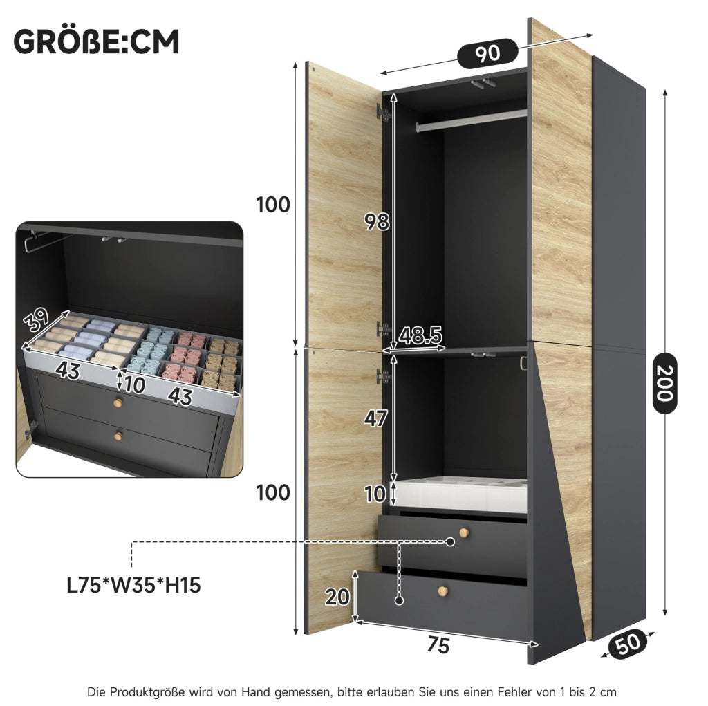 Armadio 90 x 50 x 200 cm con appendiabiti, portapantaloni e 2 cassetti