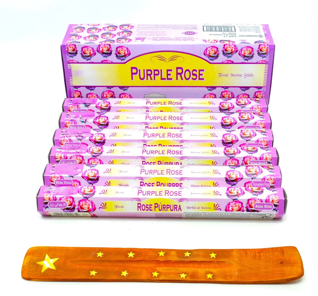 120 bastoncini di incenso color lavanda, confezione rosa, con portacenere e distributore
