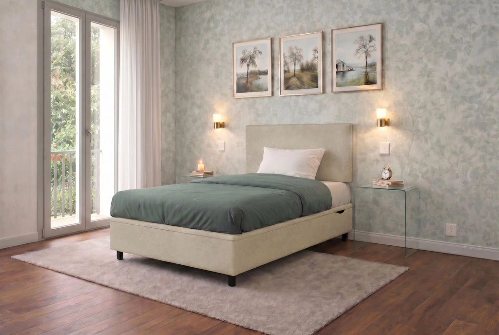 Letto 1 Piazza e Mezza Contenitore Imbottito 120x200 cm Microfibra Sabbia Boxmax Testata Flat