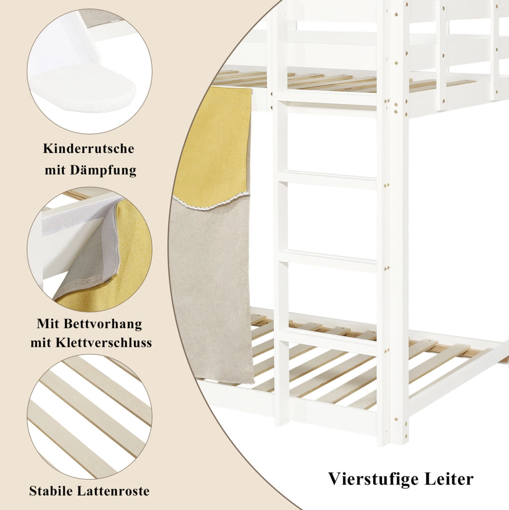 Letto a soppalco per bambini 90x200 cm con scala; scivolo e tende in pino e MDF bianco
