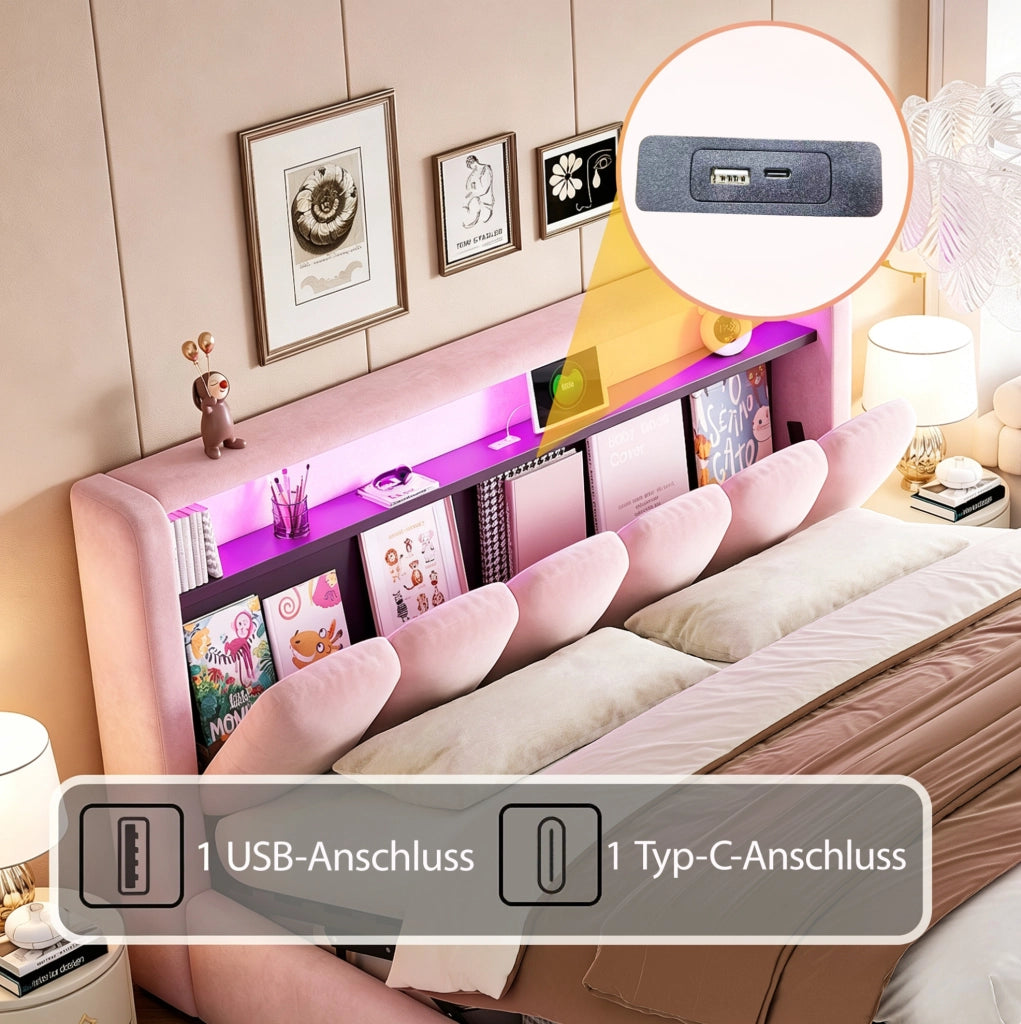 Letto imbottito rosa 180 x 200 cm con contenitore e luci integrate