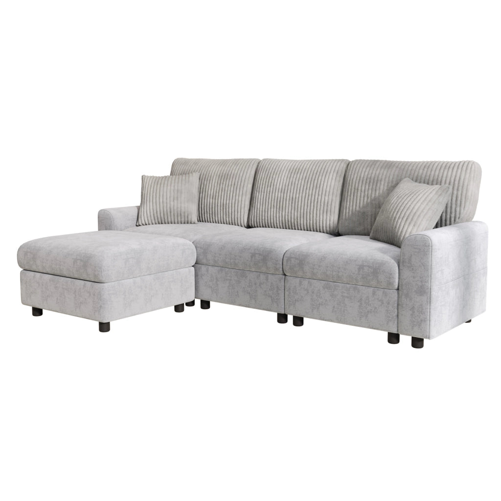 Divano grigio 223x146 cm con pouf, 2 cuscini, USB e USB-C in ciniglia e velluto a coste