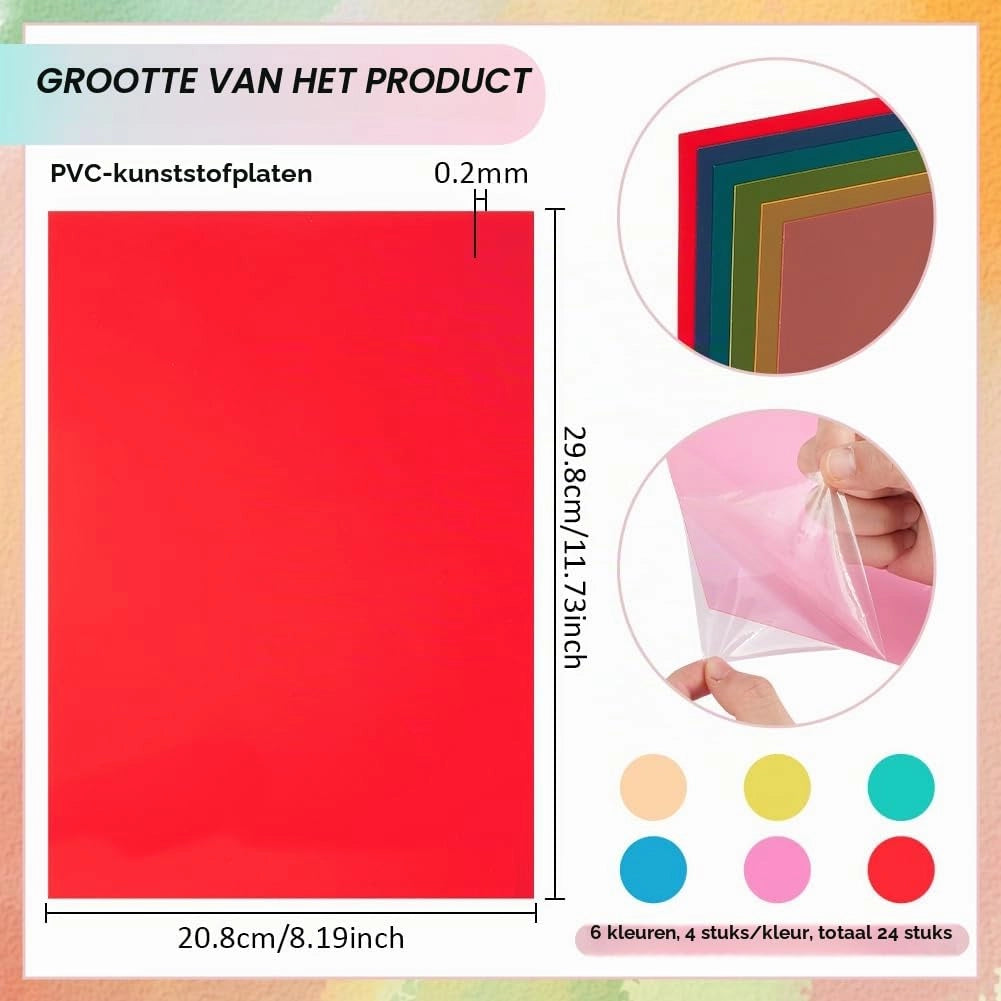 Lastre in PVC, formato A4, confezione da 24 pezzi, 6 colori, spessore 0,2 mm