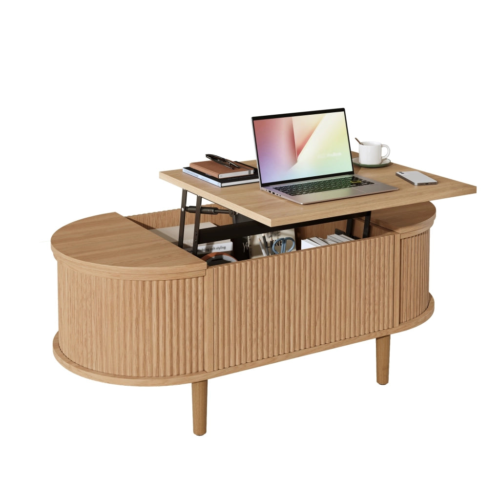 Tavolino da salotto alzabile; tavolino ovale vintage in MDF; 100x48x53.5 cm; Rovere