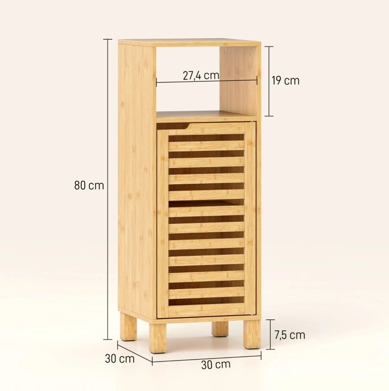 Mobiletto bagno in bambù con porta a lamelle, 30x30x80 cm, colore marrone chiaro