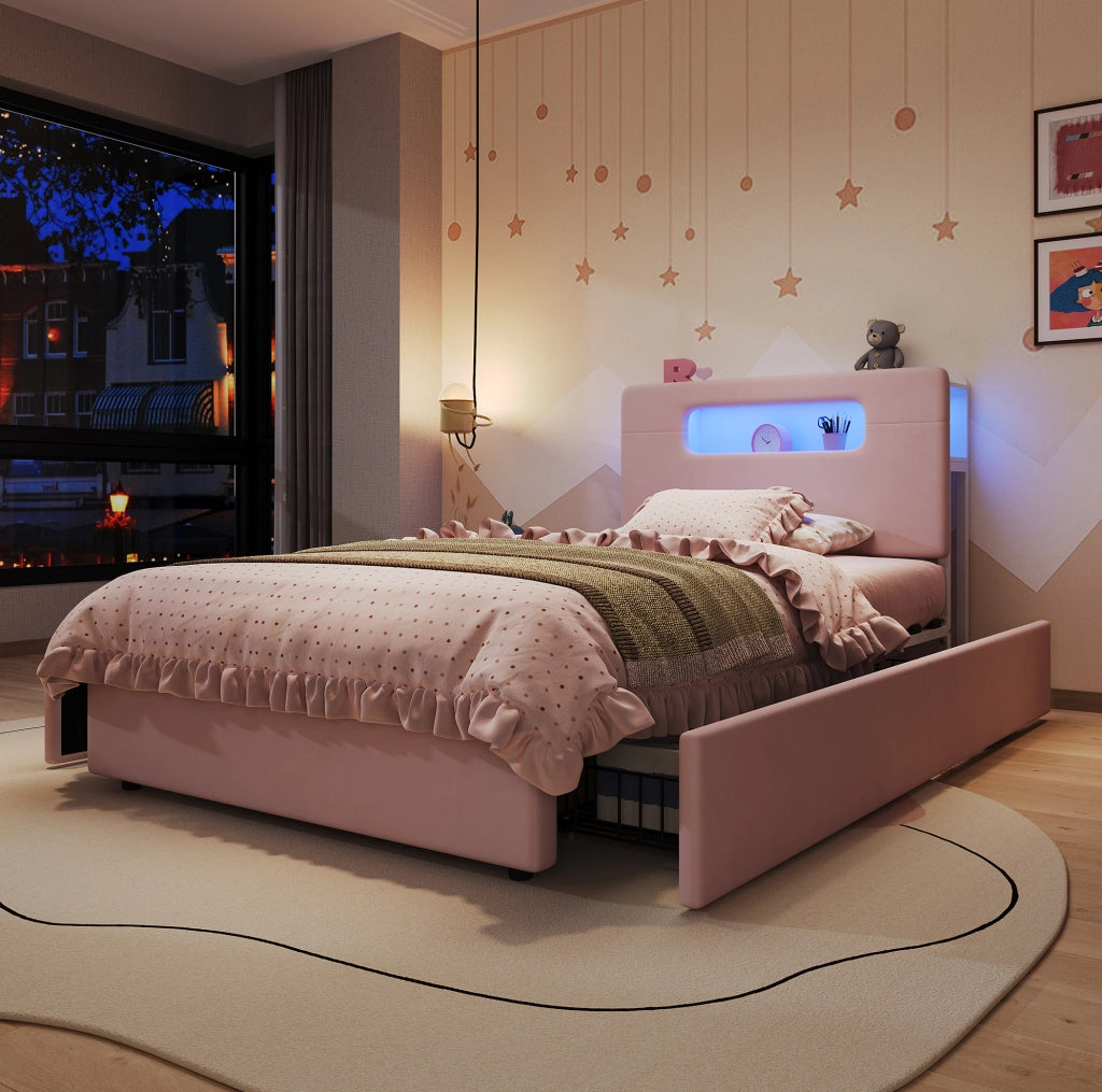 Letto imbottito per bambini 90x200 cm rosa con LED e cassetti