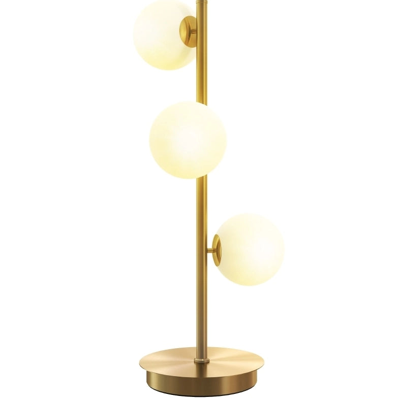 Lampada da tavolo con tre sfere color crema e finitura ottone anticato