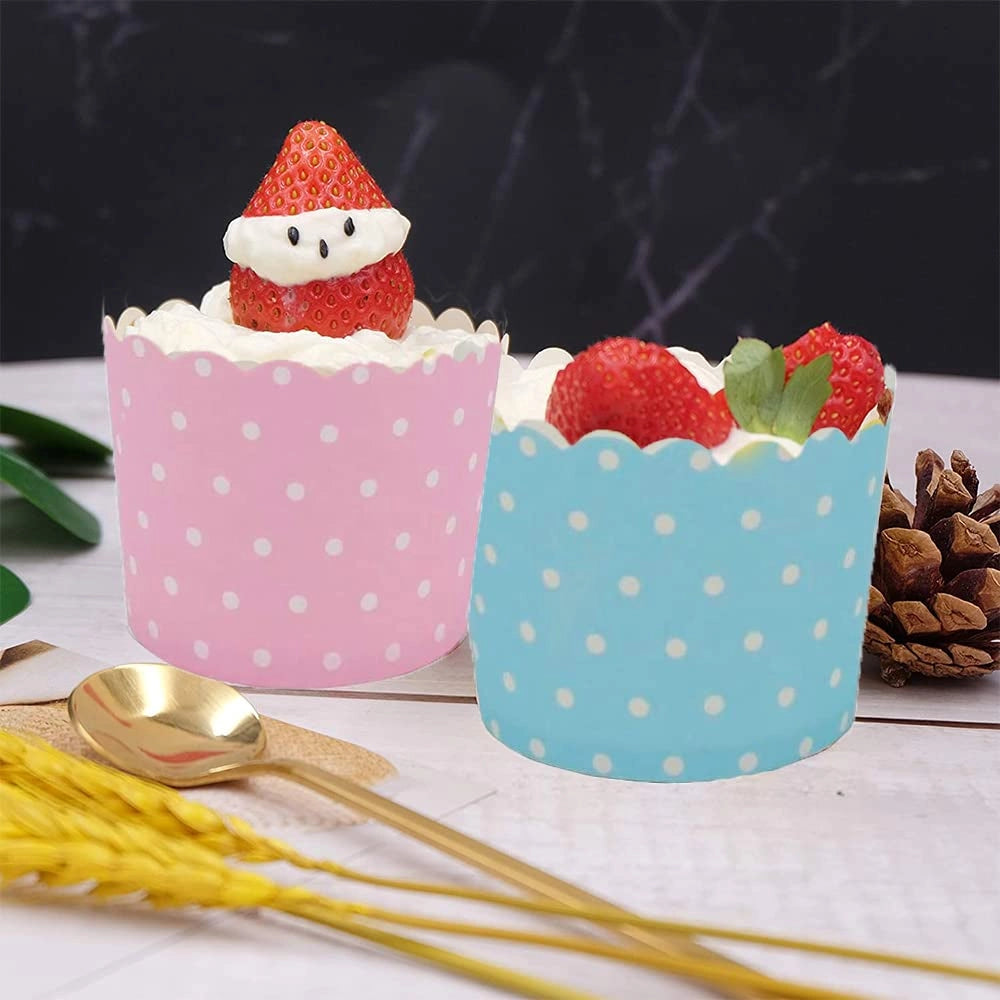 100 stampini di carta per cupcake, con pois, blu/rosa