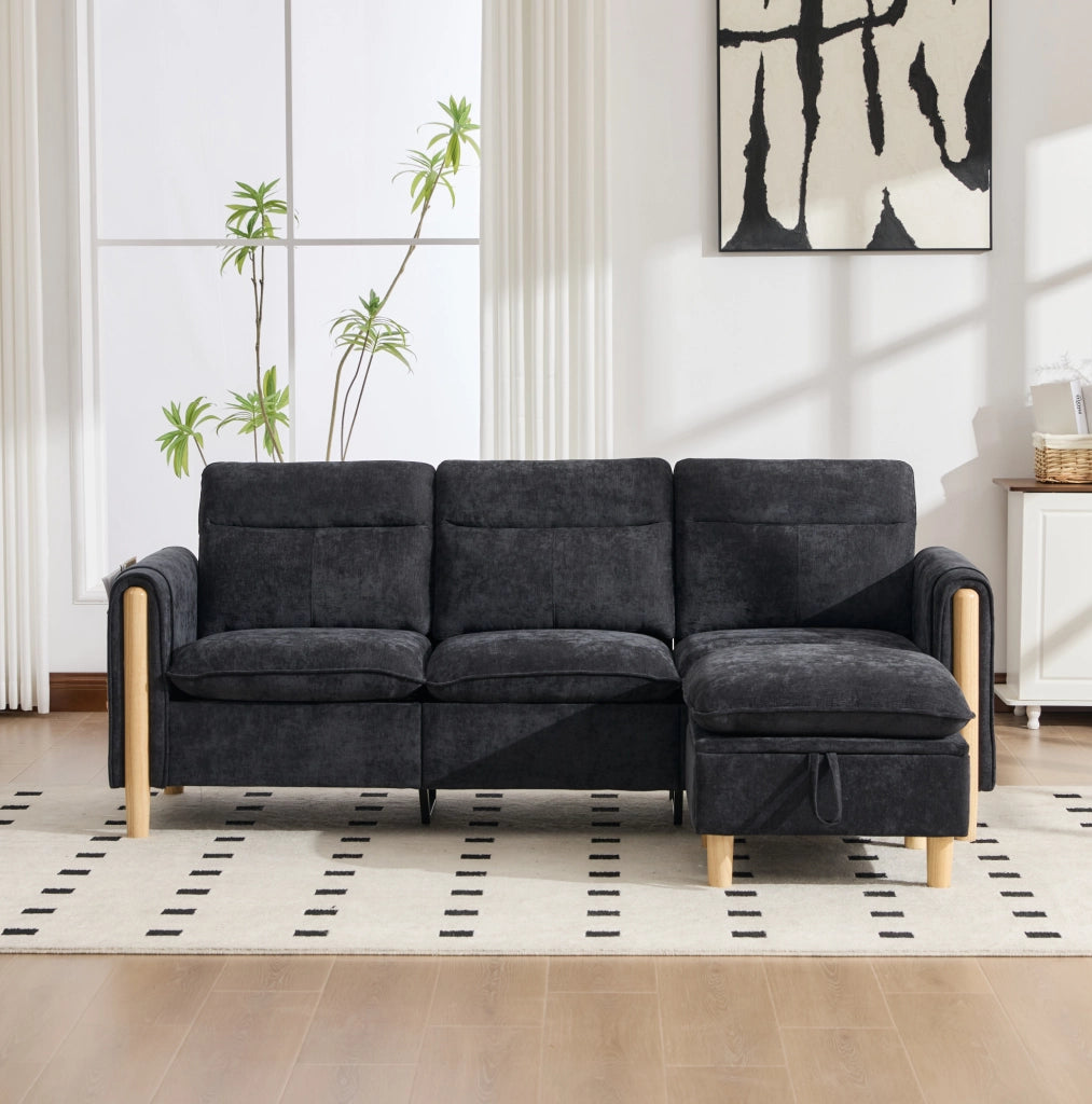 Divano a 3 posti in ciniglia nera con pouf contenitore reversibile