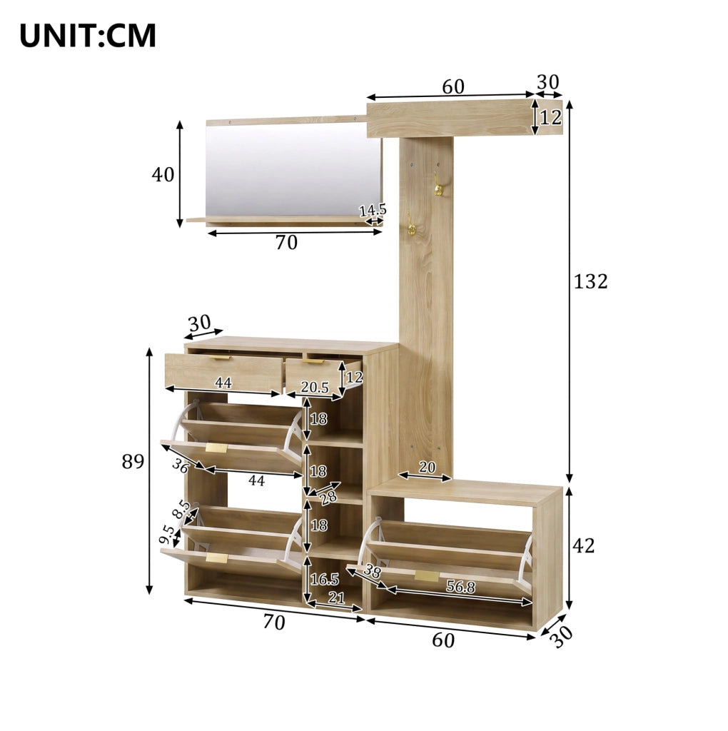 Set ingresso 4 elementi con scarpiera, panca, specchio e appendiabiti 130 x 30 x 174 cm
