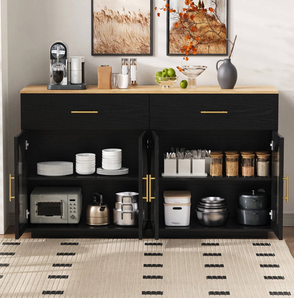 Credenza da cucina con LED, 2 cassetti e 4 ante, nero e naturale