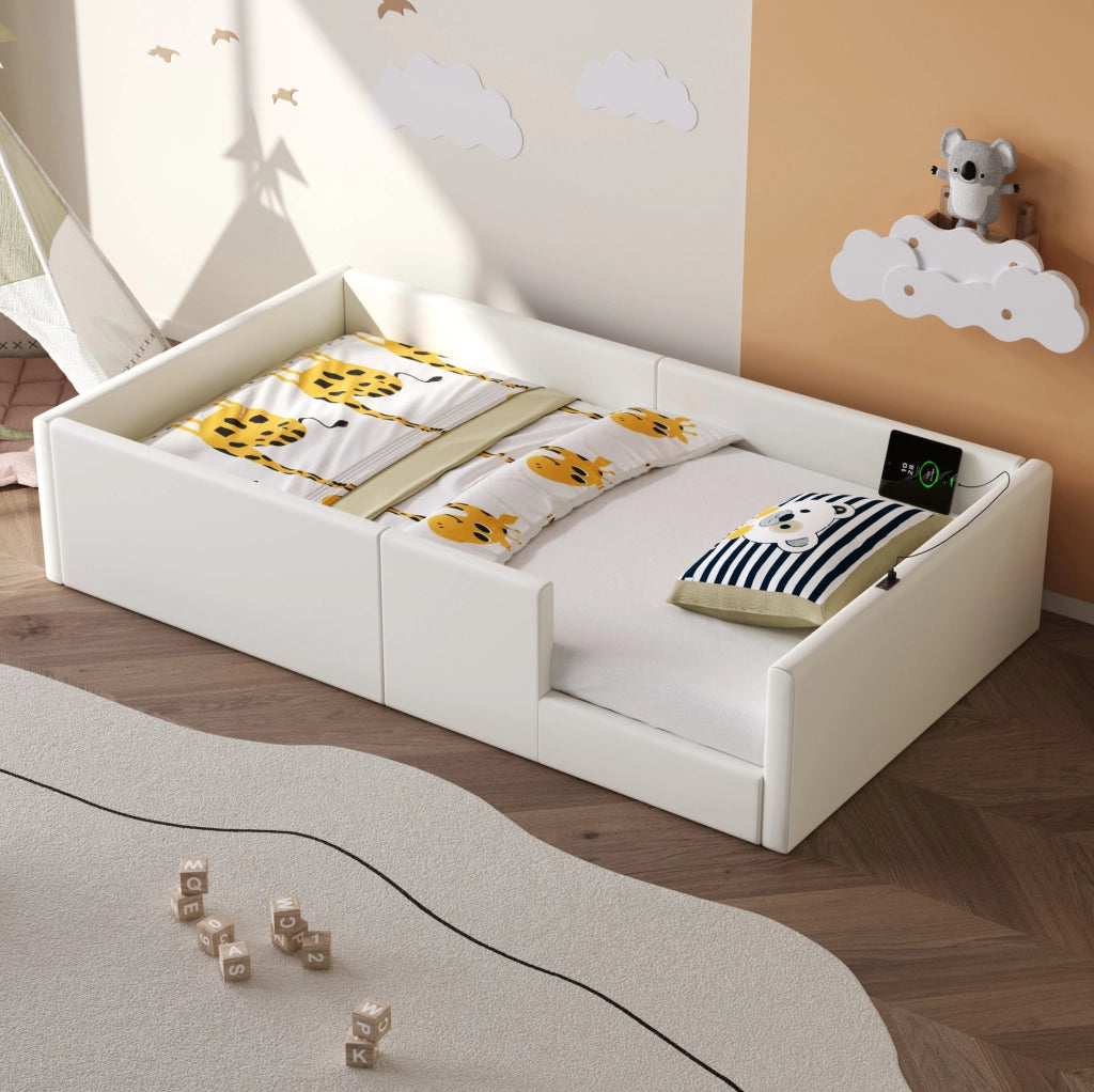 Letto piattaforma imbottito 90x200 cm con protezione e stazione di ricarica, bianco