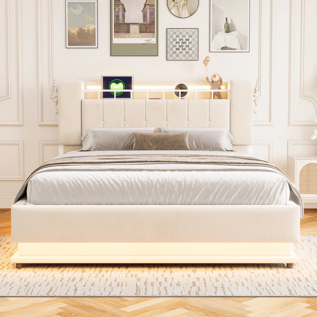 Letto imbottito 160x200 cm beige con LED, USB e contenitore