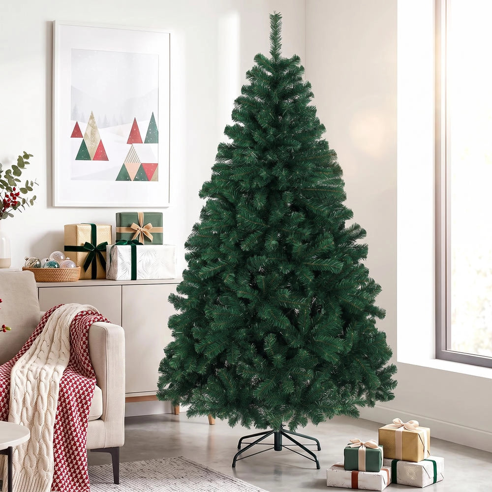 Albero di Natale artificiale 180 cm con 700 punte in PVC, supporto pieghevole in acciaio, rami automatici, facile da montare per casa