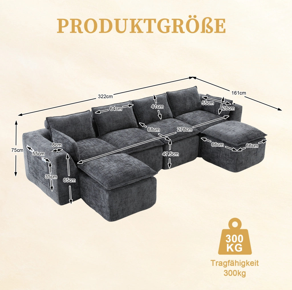 Divano modulare in ciniglia grigio scuro 322 × 161 × 75 cm