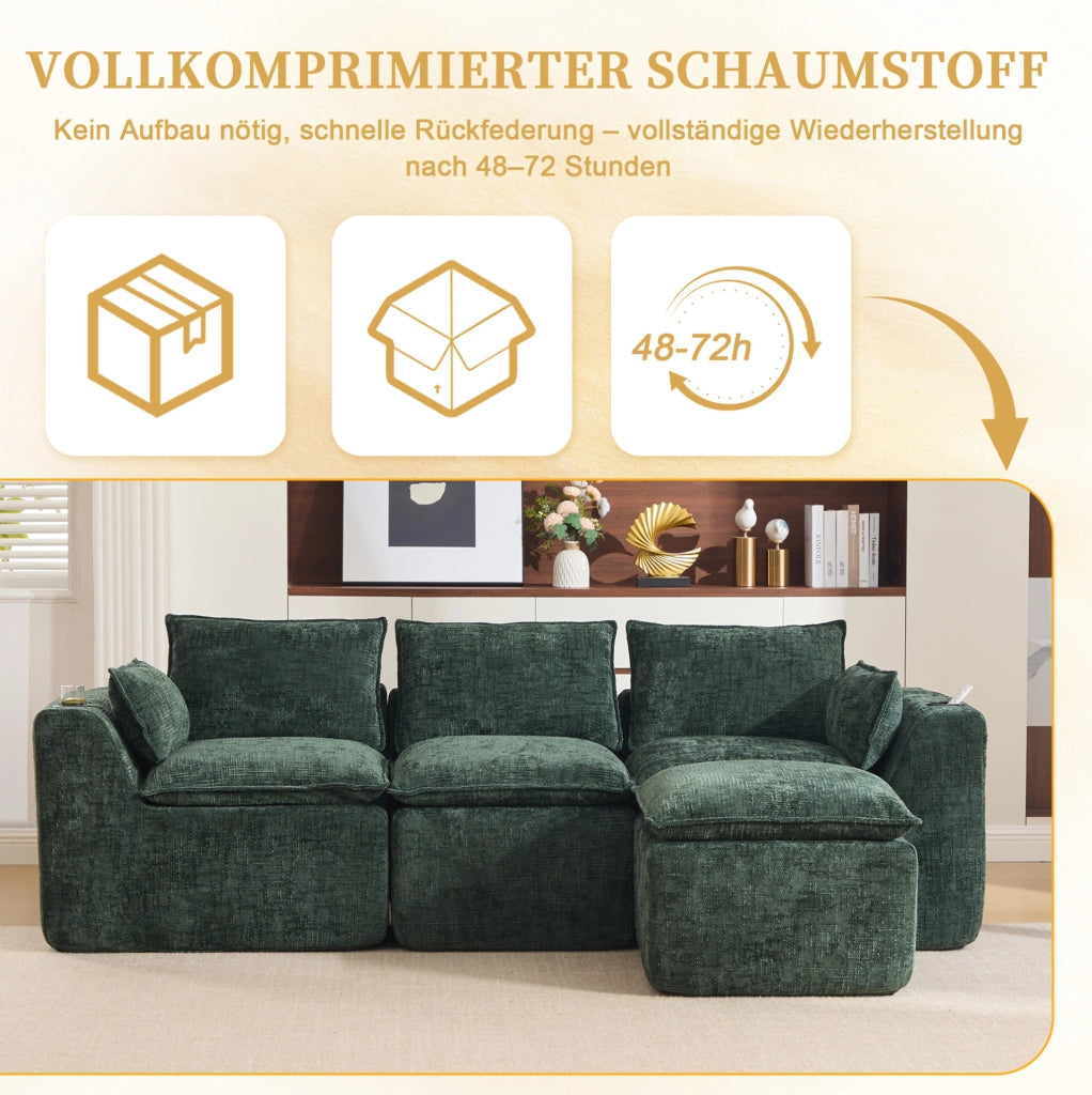 Divano modulare in ciniglia verde con pouf e cuscini