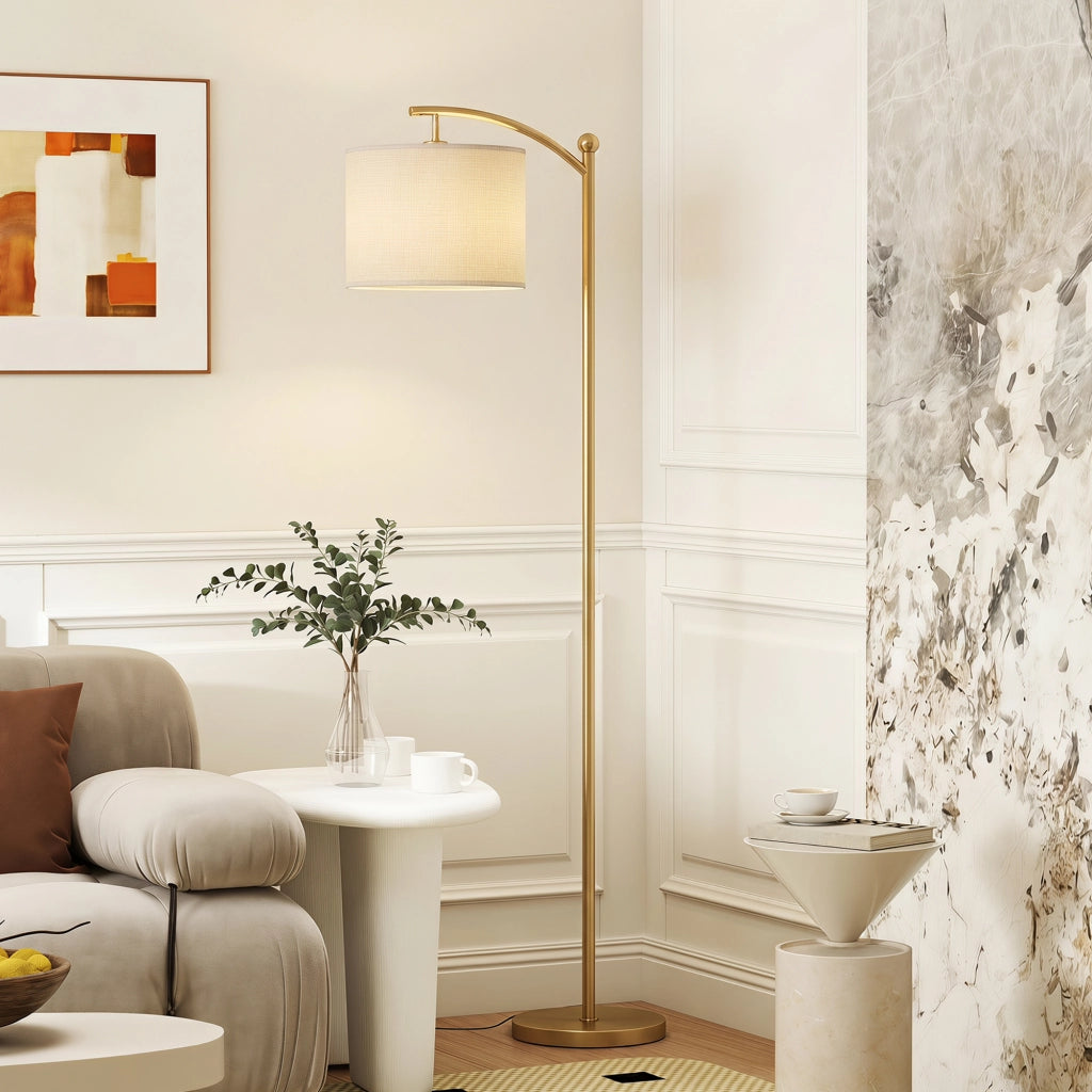 Lampada da Terra a LED 54,3x30,6x159,6 cm con Telecomando 11 Colori di Temperatura in Metallo e Tessuto Effetto Lino Oro