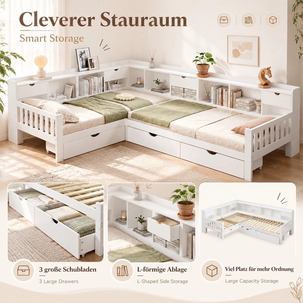 Letto per bambini a L 90x200 cm; 2 posti letto; contenitore; ripiani e 3 cassetti; in legno; bianco