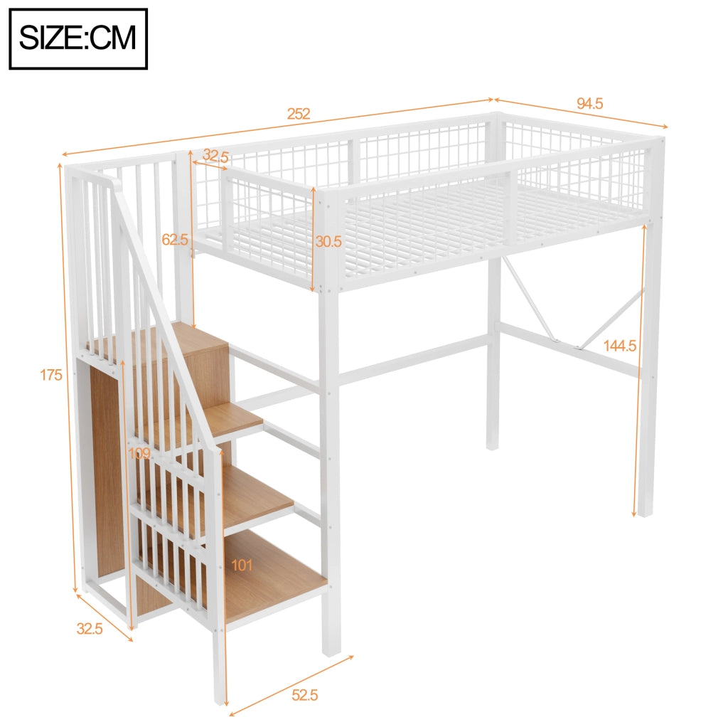 Letto a soppalco 90 x 200 cm bianco con scala contenitore e LED