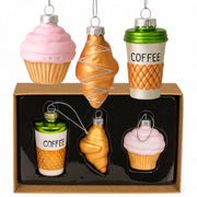 Set di 3 decorazioni natalizie in vetro: caffè e pasticcini