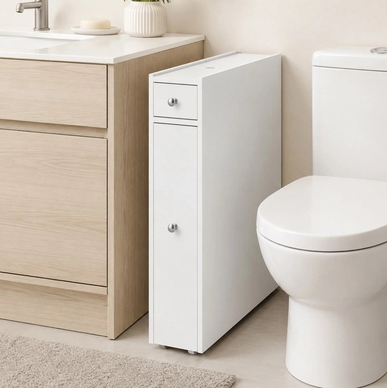 Mobile bagno stretto bianco con 2 cassetti e vano aperto