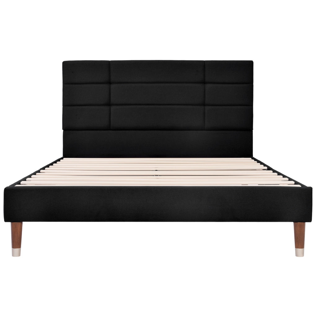 Letto matrimoniale imbottito in lino nero 140x200 cm con rete a doghe e materasso a molle