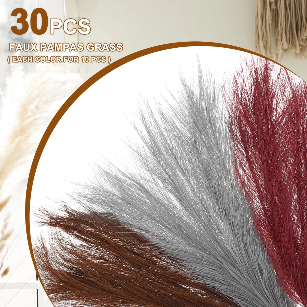 Pampas artificiale, altezza 52 cm, confezione da 30 pezzi, colori: marrone scuro/grigio chiaro/bordeaux