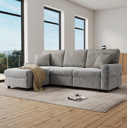 Divano grigio 223x146 cm con pouf, 2 cuscini, USB e USB-C in ciniglia e velluto a coste